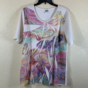 Parttee Top Blouse Cream Pink Purple XL Pullover Stretchy Short Sleeve